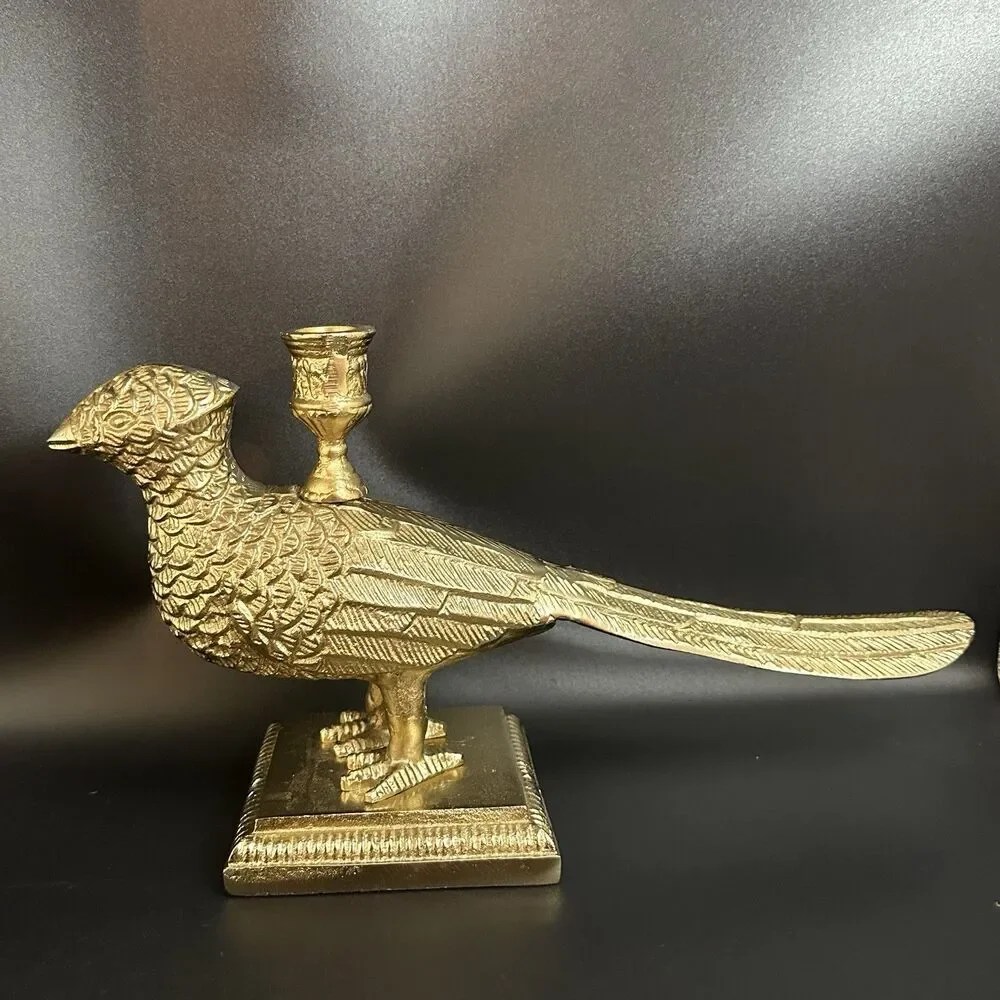 Heavy Cast Metal Pheasant Candle Holder Bronze Finish Taper Holder 7”